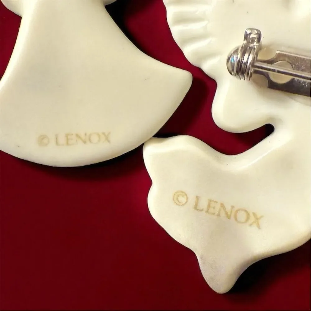 Vintage Lenox Two Porcelain Christmas Angel Brooch Gold Star Heart Collectible